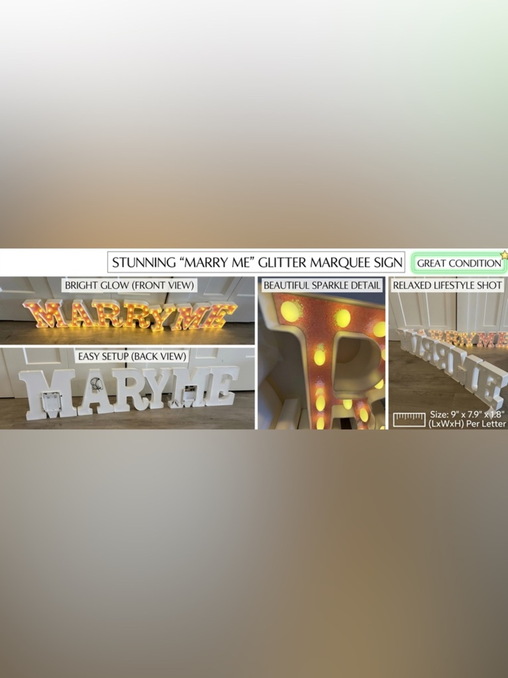 Source Unknown Marry Me Glitter Marquee Sign in White and Gold